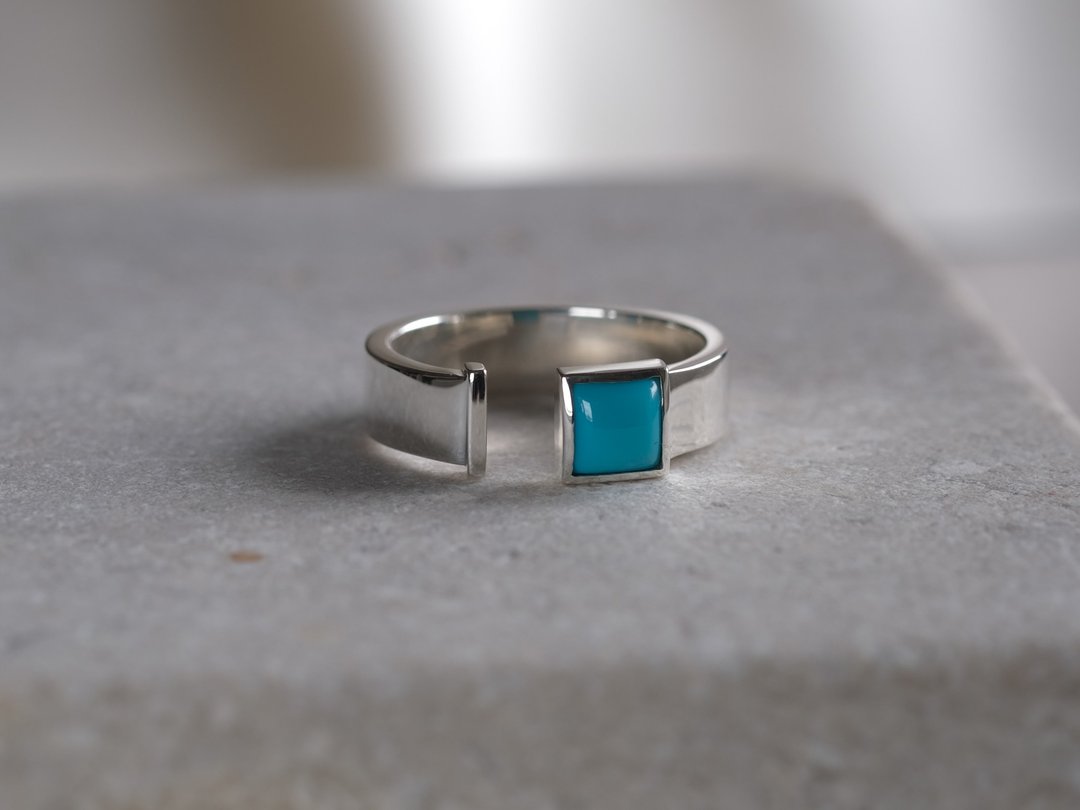 Turquoise square open ring 绿松石方形开口戒 天然石 银饰 - 戒指 - 其他金属 蓝色