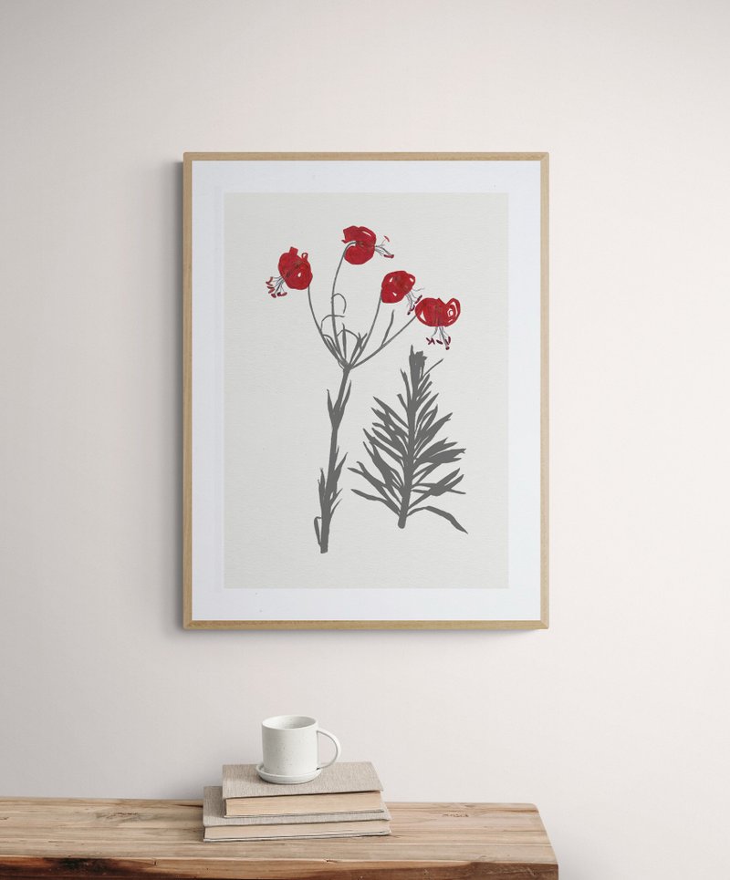 Lily Pressed Wildflower Art Print, Unique Flower Poster for Wall Decoration - 海报/装饰画/版画 - 纸 红色