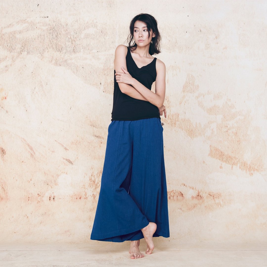 手工棉麻宽裤 - 宝蓝 - 女装长裤 - 棉 蓝色