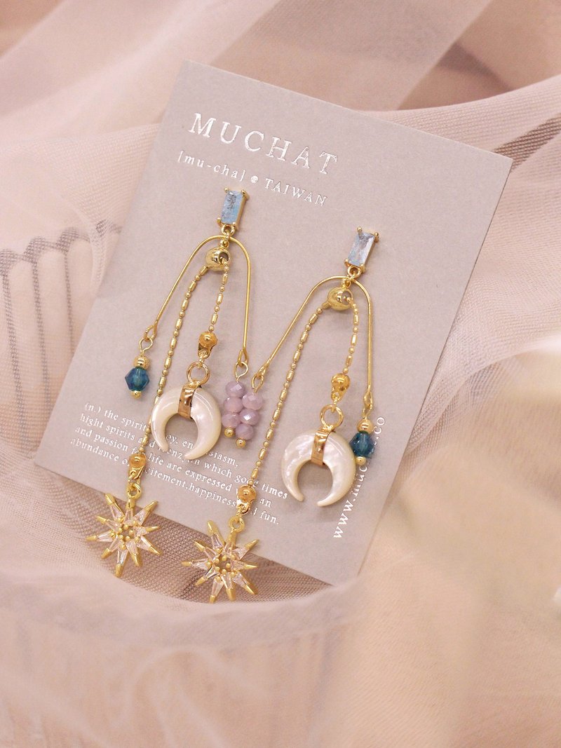幻彩软糖。MUCHAT手作14KGP天然贝壳星月纯银针耳环 - 耳环/耳夹 - 其他金属 金色
