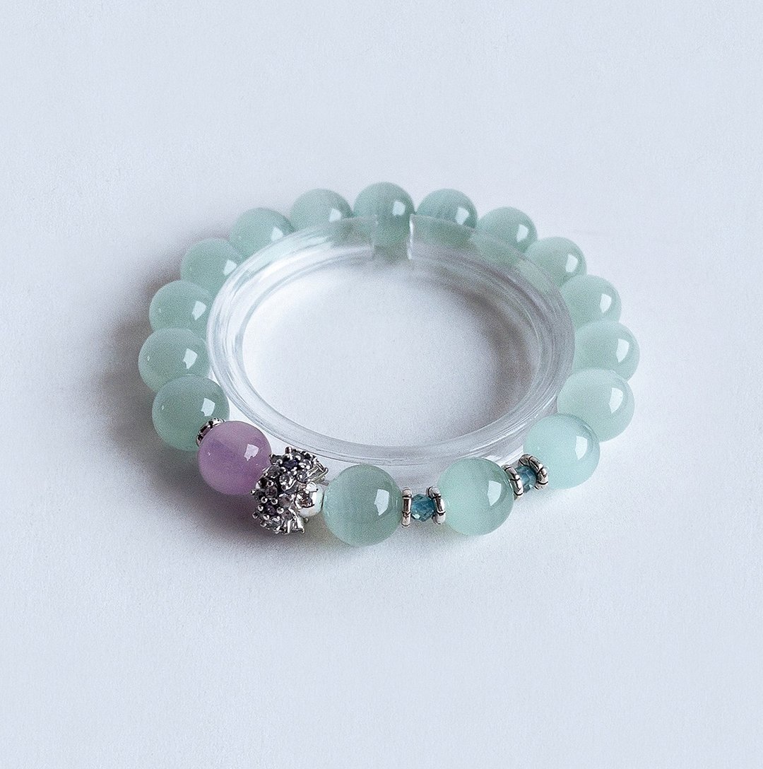 宝石系 天然矿石 顶级猫眼绿纹石10mm 紫锂辉 蓝磷灰 925纯银手链 - 手链/手环 - 宝石 绿色