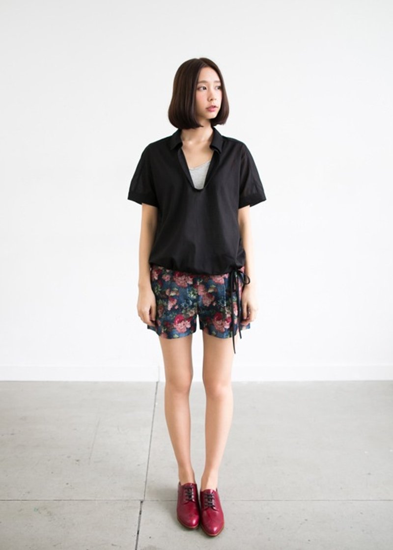 深V短版空气衬衫(附绑带)-黑色 - 女装上衣 - 棉．麻 黑色