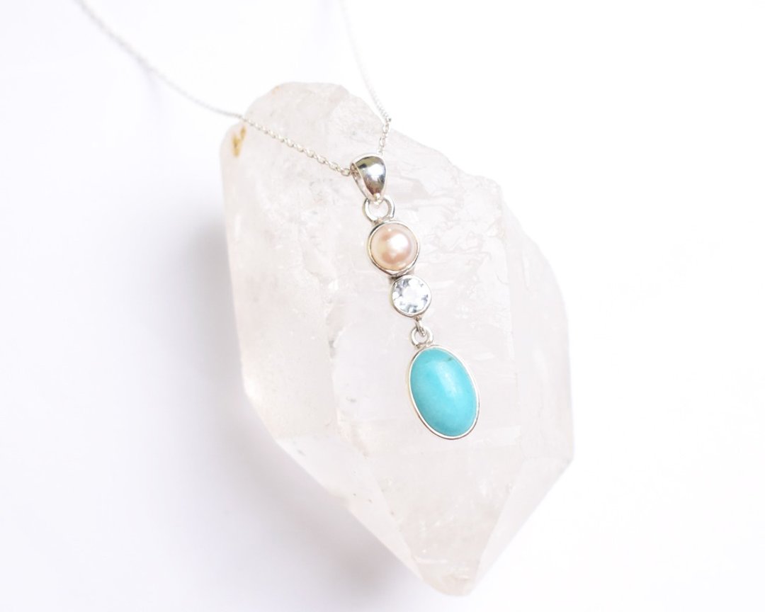 Amazonite, aquamarine, pearl pendant top - 项链 - 宝石 蓝色