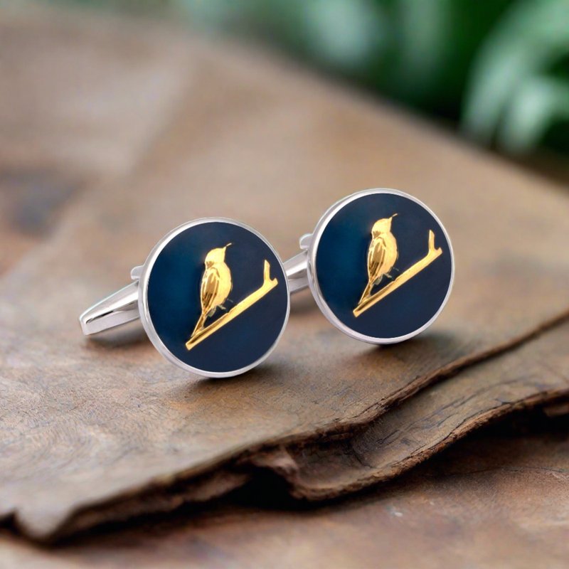 Round Cufflink with Gold Bird Print - 袖扣 - 其他材质 金色