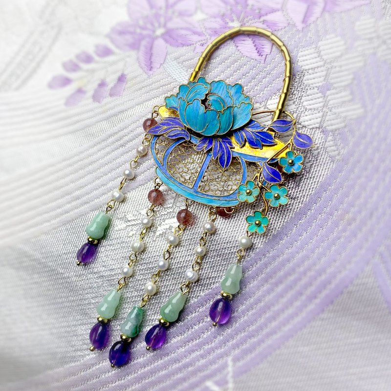 【手作孤品】银镀金 花丝镶嵌 点翠工艺 花篮胸针 - 胸针 - 银 金色