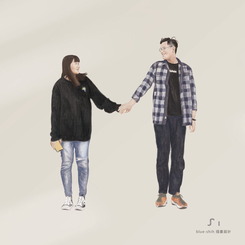 定制化笔触感风格 - 似颜绘 人像插画 情侣 全家福 宠物 婚纱 - 订制画像 - 其他材质 