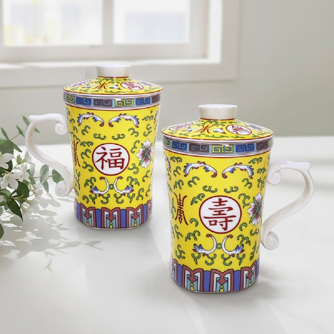 万寿无疆三件杯/300CC/中国风/皇帝/享受/办公室小物/下午茶/环保 - 茶具/茶杯 - 瓷 黄色