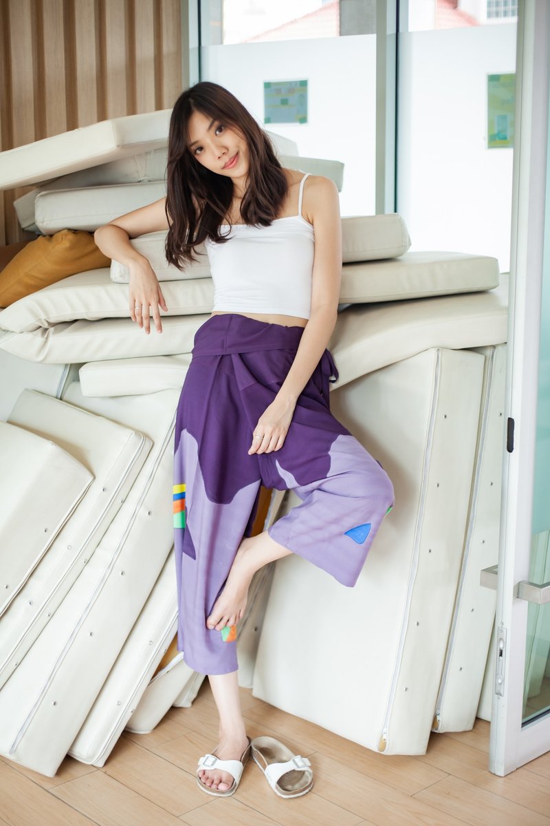 Thai Fisherman Pants Paint on Soft Cotton for Yoga Holidays Summer Free Size - 女装长裤 - 棉．麻 紫色