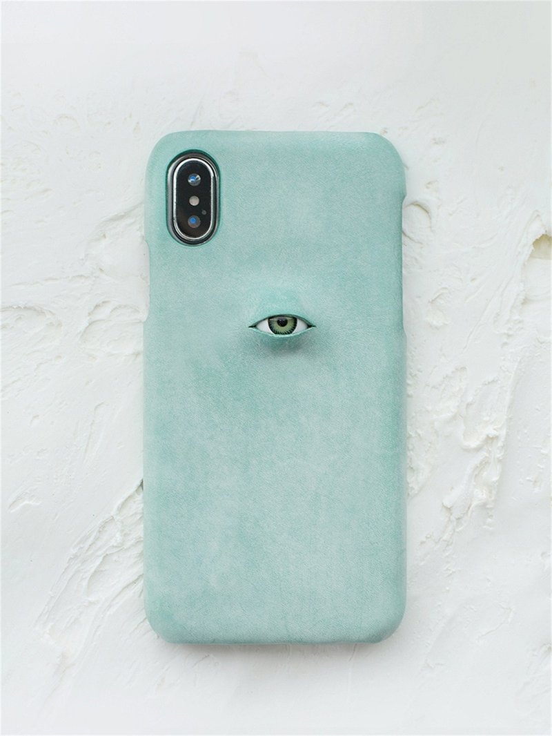 薄荷綠 眼珠題材 手工真皮iPhone手機殼 保護套 意大利植鞣牛皮 - 手机壳/手机套 - 真皮 绿色