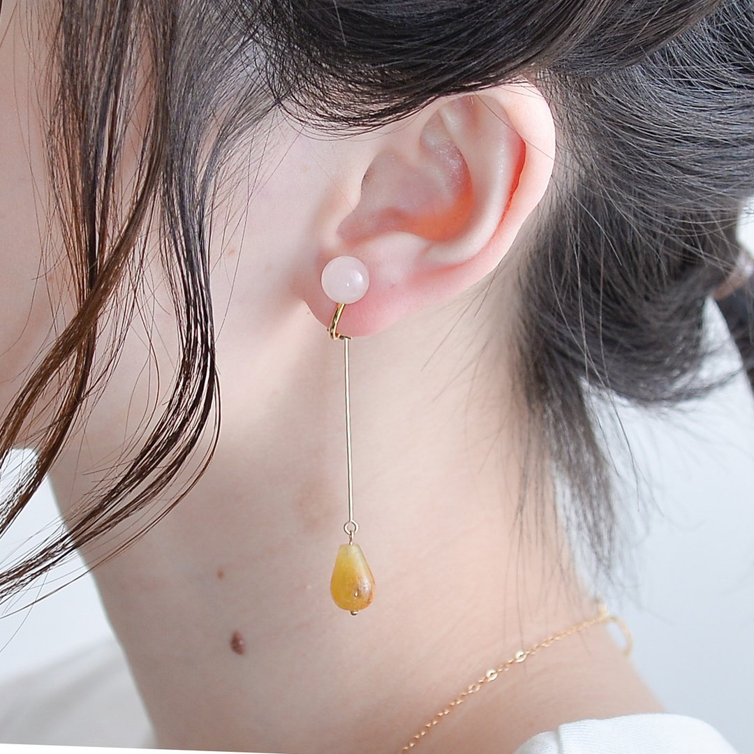 FLOW EARRING PINK RoseQuartz(CLIP TYPE) - 耳环/耳夹 - 宝石 粉红色