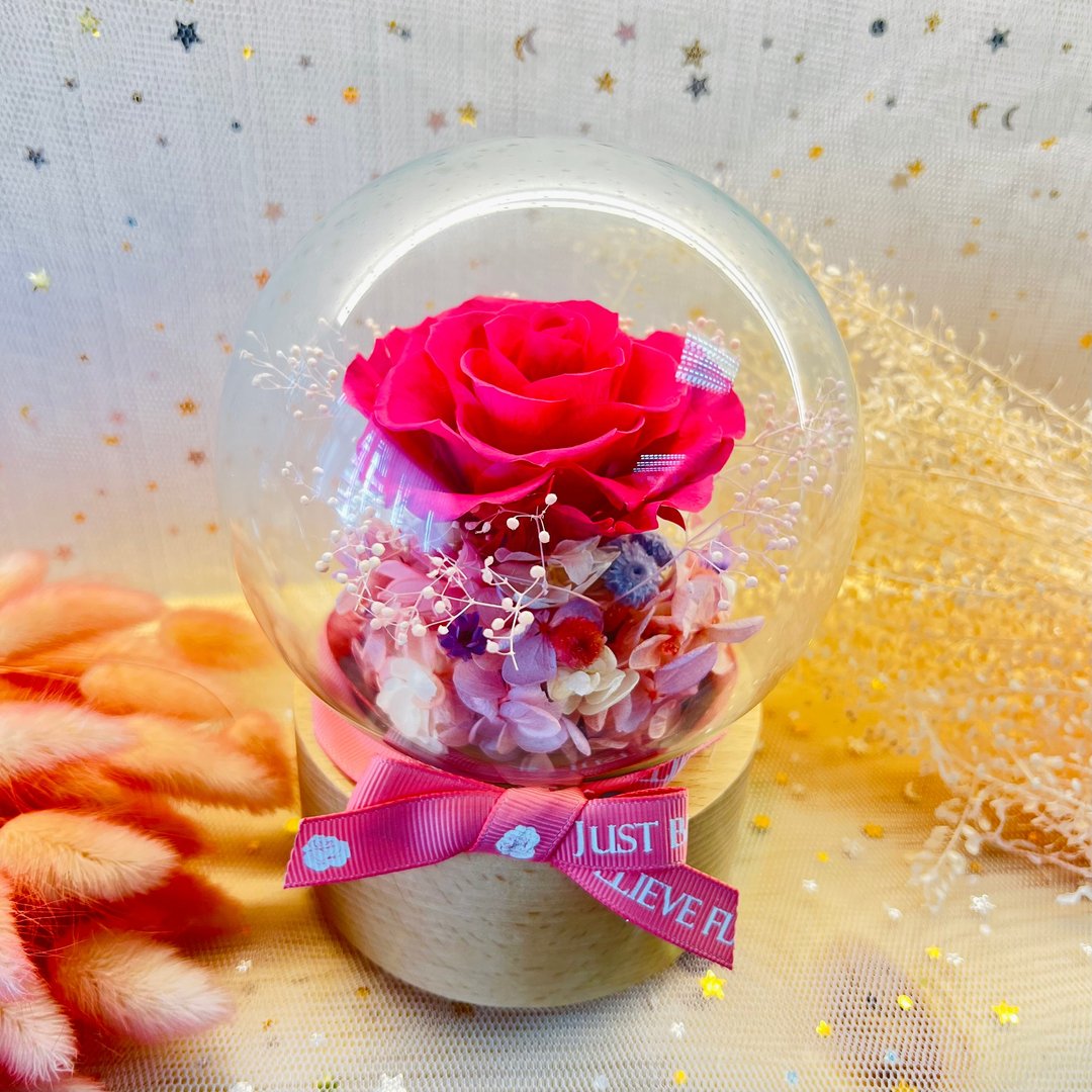永生花玫瑰音乐盒 甜美粉红色 随音乐旋转 定制化自订字句心意牌 - 干燥花/捧花 - 植物．花 粉红色
