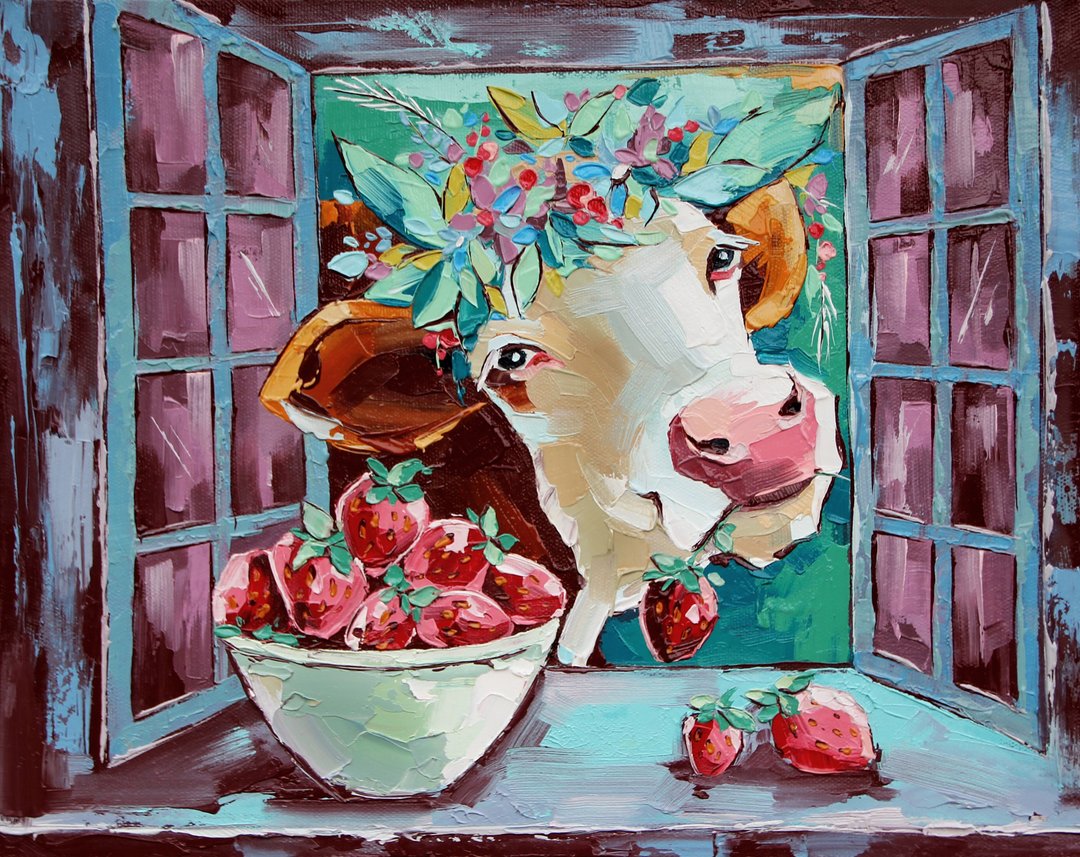 Cow Painting Animal Original Art Strawberry Wall Art Kitchen Artwork 40 x 50 cm - 海报/装饰画/版画 - 其他材质 紫色