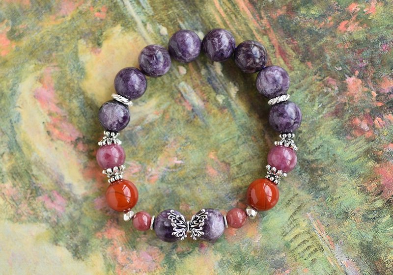 紫龙晶+桃红碧玺+南红玛瑙+玫瑰石+纯银蝴蝶水晶手链 - 手链/手环 - 水晶 紫色