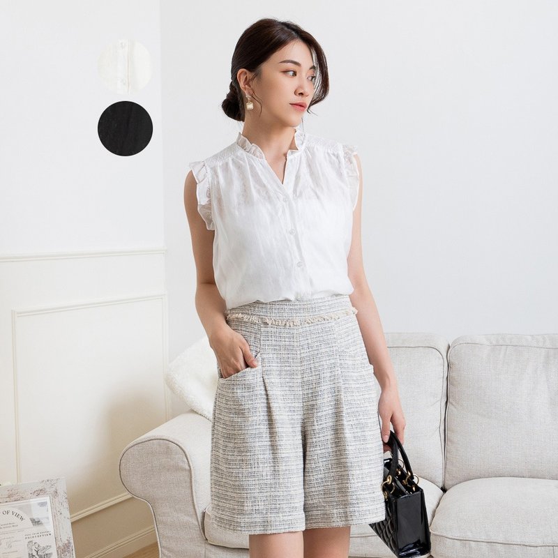 【MEDUSA】半透蕾丝纹理小荷叶背心上衣-2色(M-XL) | 女无袖上衣 - 女装背心 - 棉．麻 白色