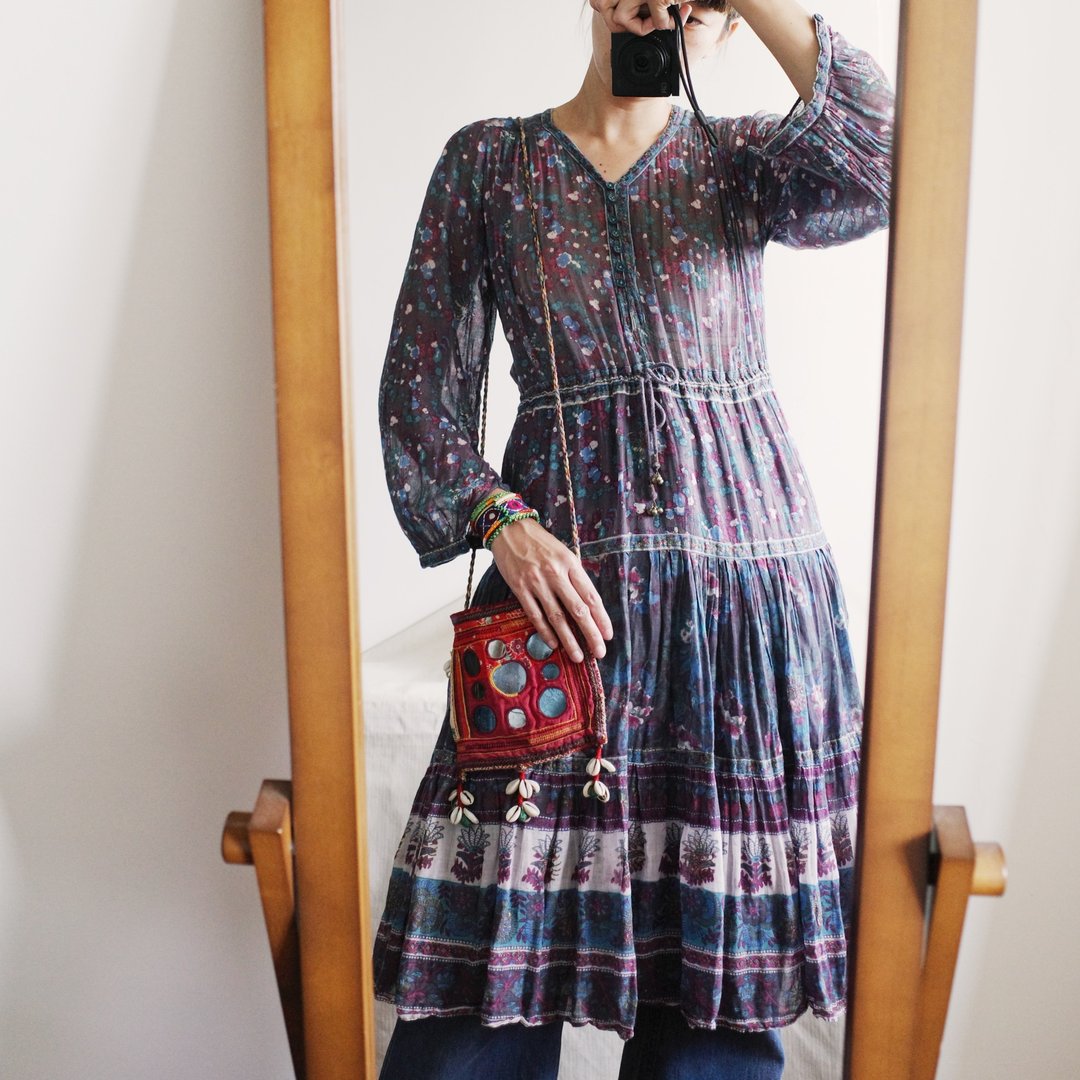 嬉皮逸品 Vintage 70s Indian dress老印度薄棉手工盖印洋装 - 洋装/连衣裙 - 棉 