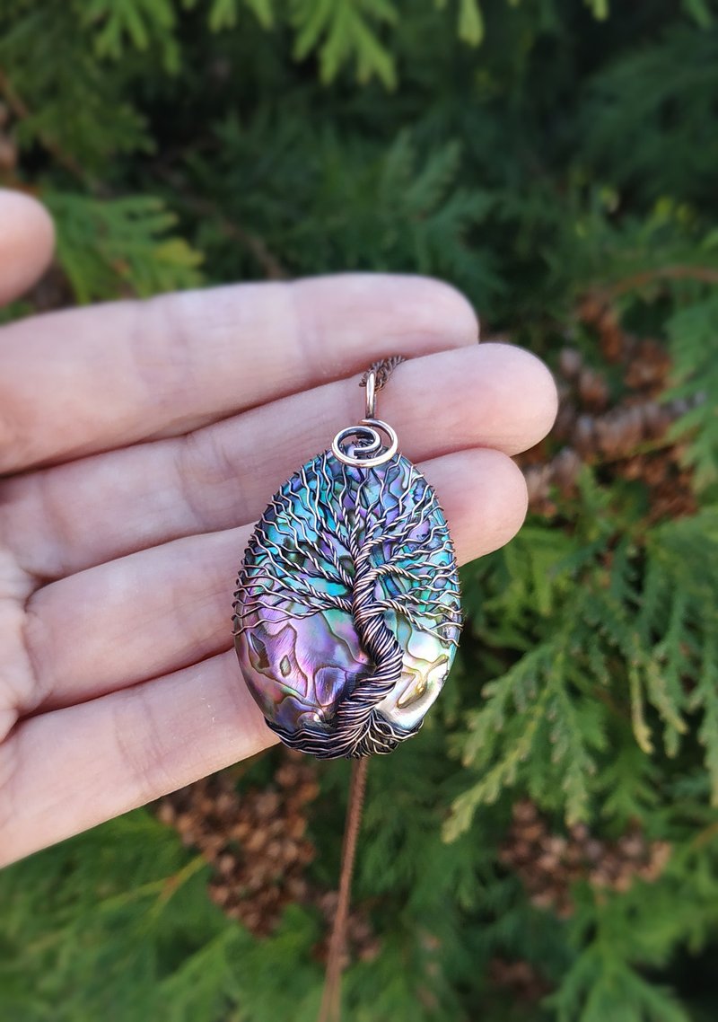 Abalone Necklace, 7th Anniversary Gift for Wife, Copper Tree Of Life Pendant - 长链 - 其他材质 多色
