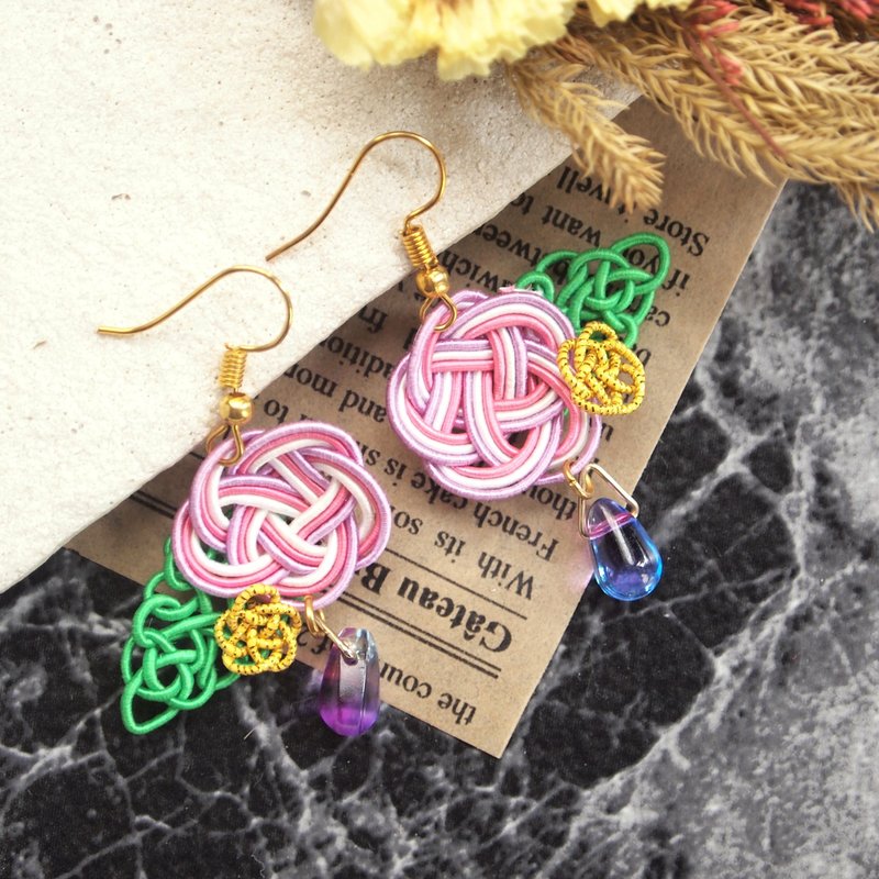 [Clip-On / Earrings] Mizuhiki Japanese style hydrangea - 耳环/耳夹 - 纸 紫色