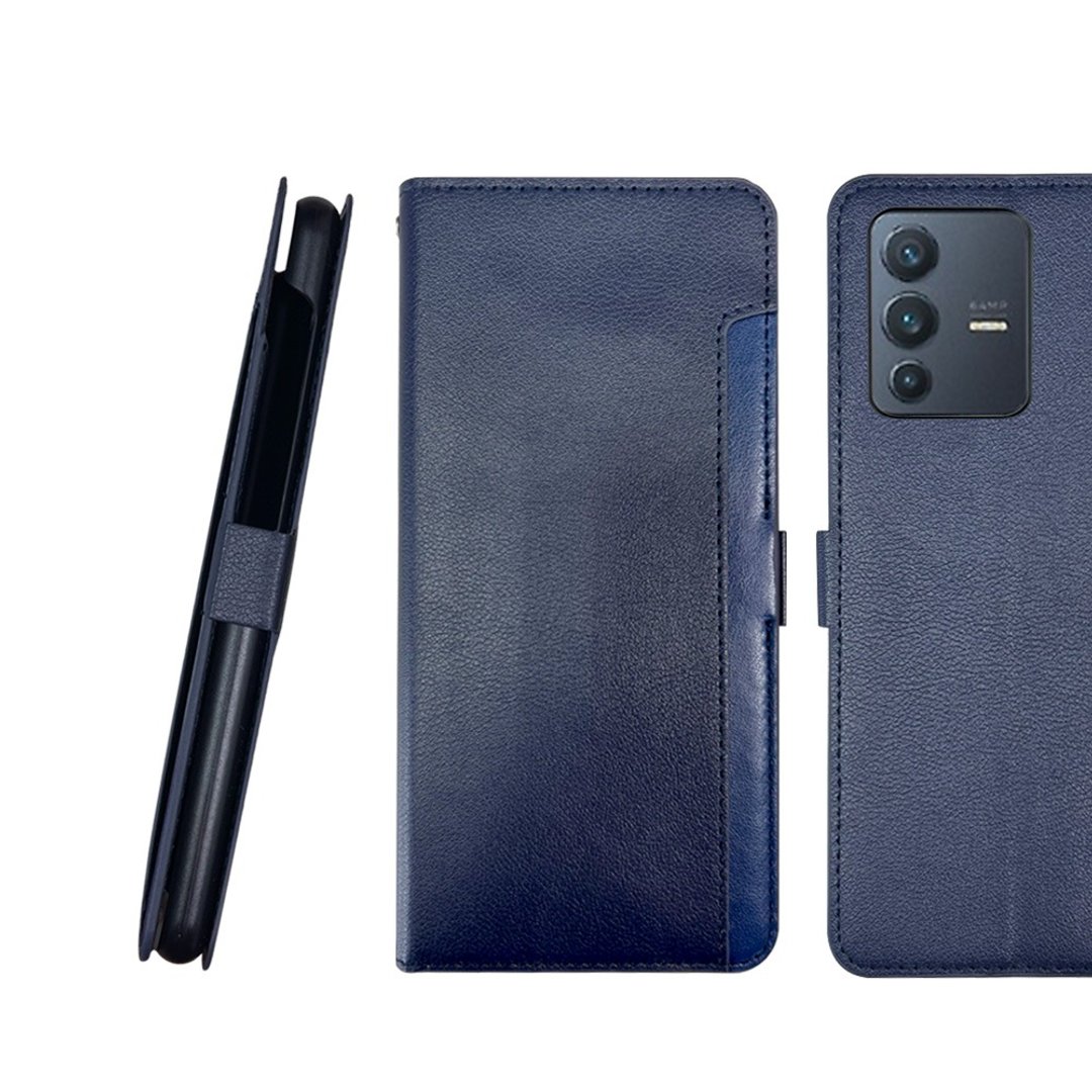 CASE SHOP Vivo V23 前插卡侧立式皮套-蓝  加送3.5mm耳机 - 手机壳/手机套 - 人造皮革 蓝色