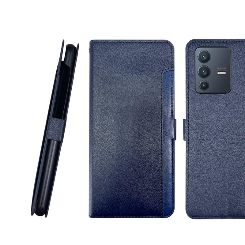CASE SHOP Vivo V23 前插卡侧立式皮套-蓝  加送3.5mm耳机 - 手机壳/手机套 - 人造皮革 蓝色