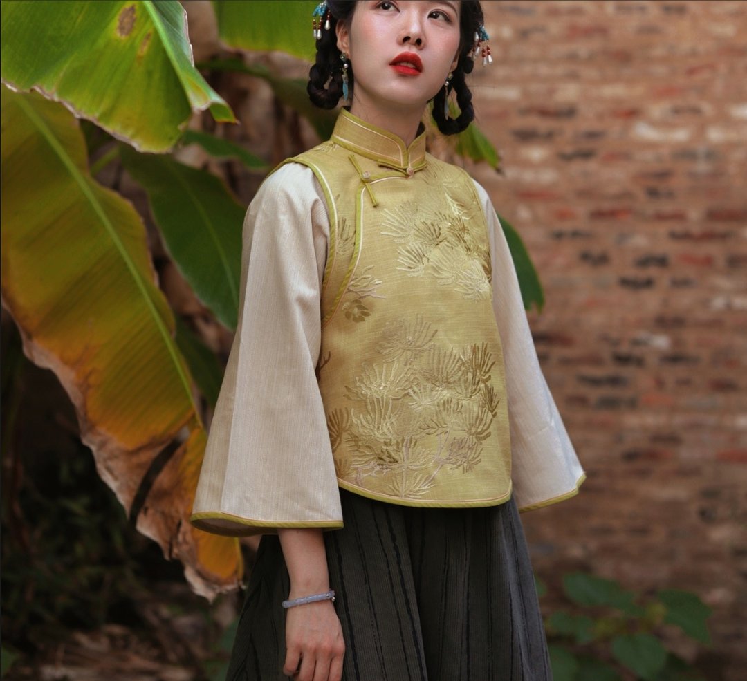 【草木摇落 】民国复古风 绣花棉麻假两件中式倒大袖上衣 - 女装上衣 - 棉．麻 黄色