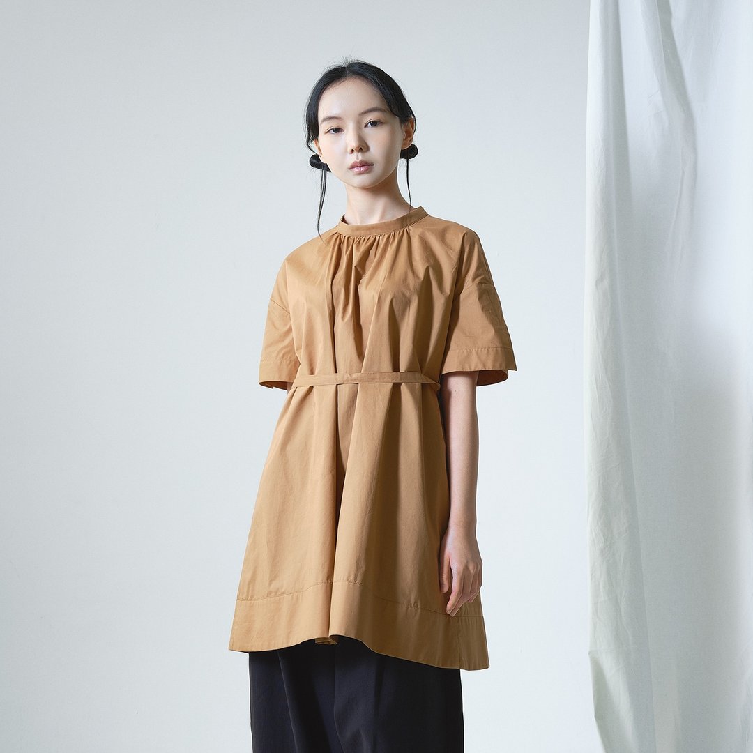 绑带伞摆长上衣 - 女装上衣 - 棉 咖啡色
