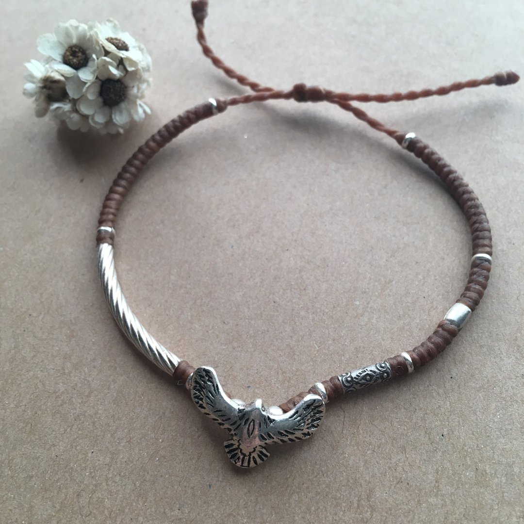 ~米+熊~ 老鹰飞翔 / 蚕丝蜡线 / 纯银 / 编织手链 / 925 silver bracelet / 脚链 - 手链/手环 - 其他金属 咖啡色