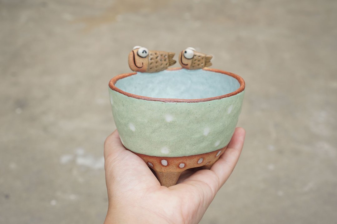 Plant pot with a fish,lithops,cactus,ceramics,pottery,handmade - 花瓶/陶器 - 陶 蓝色