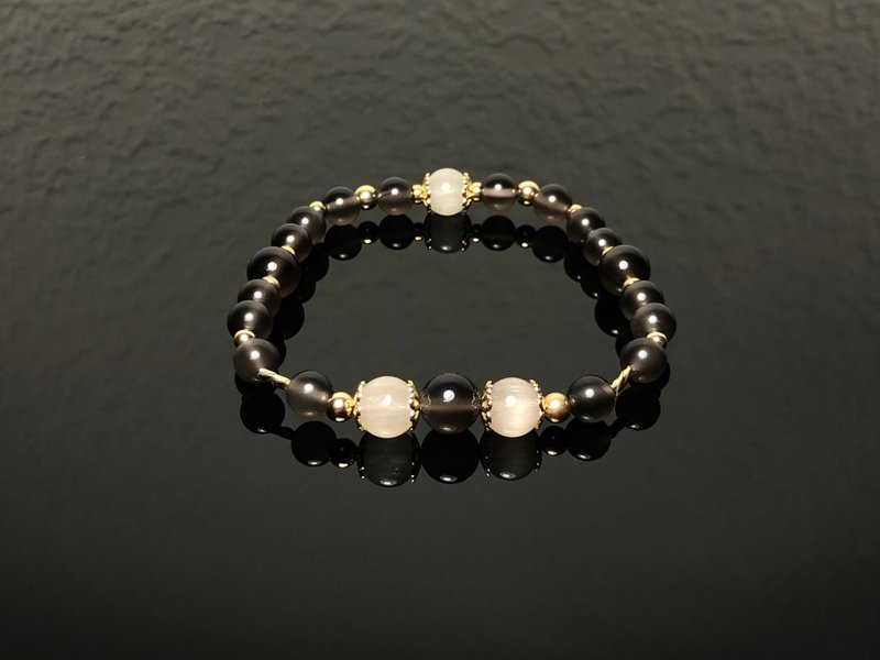 快速出货 天然猫眼白发晶+冰种黑曜岩手链 - 手链/手环 - 水晶 白色