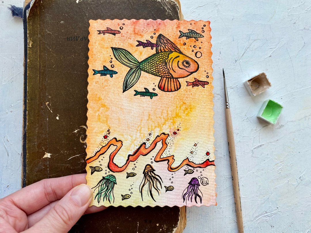 Fish painting Miniature Original art Sea watercolor Small artwork - 海报/装饰画/版画 - 纸 橘色
