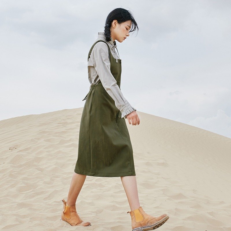 【热卖】秋季穿搭 纯色直筒背带连身裙洋装 Y7M501 - 裙子 - 聚酯纤维 绿色