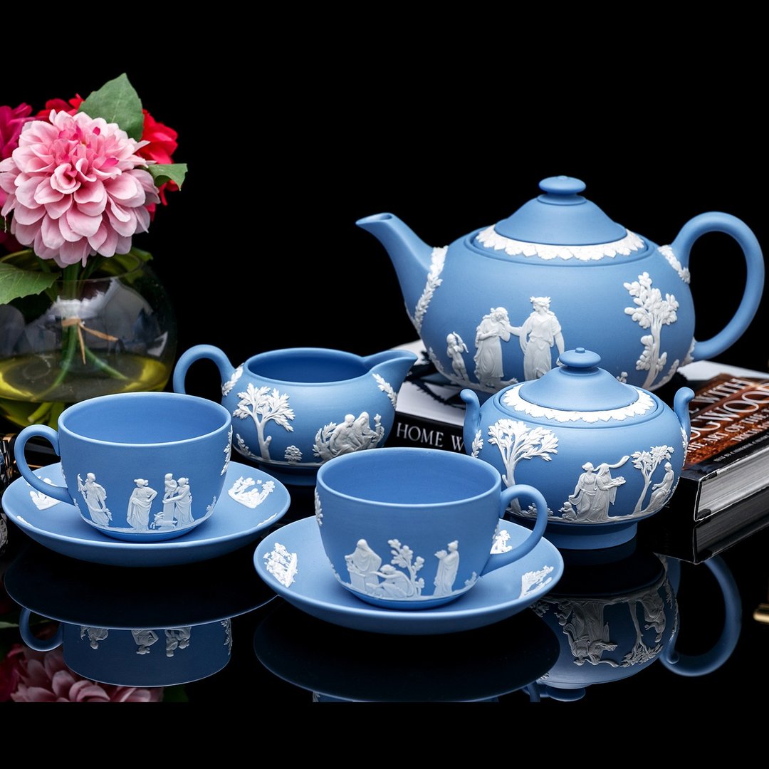经典工艺Wedgwood 碧玉浮雕茶具七件套 英式下午茶 内上釉 - 茶具/茶杯 - 瓷 