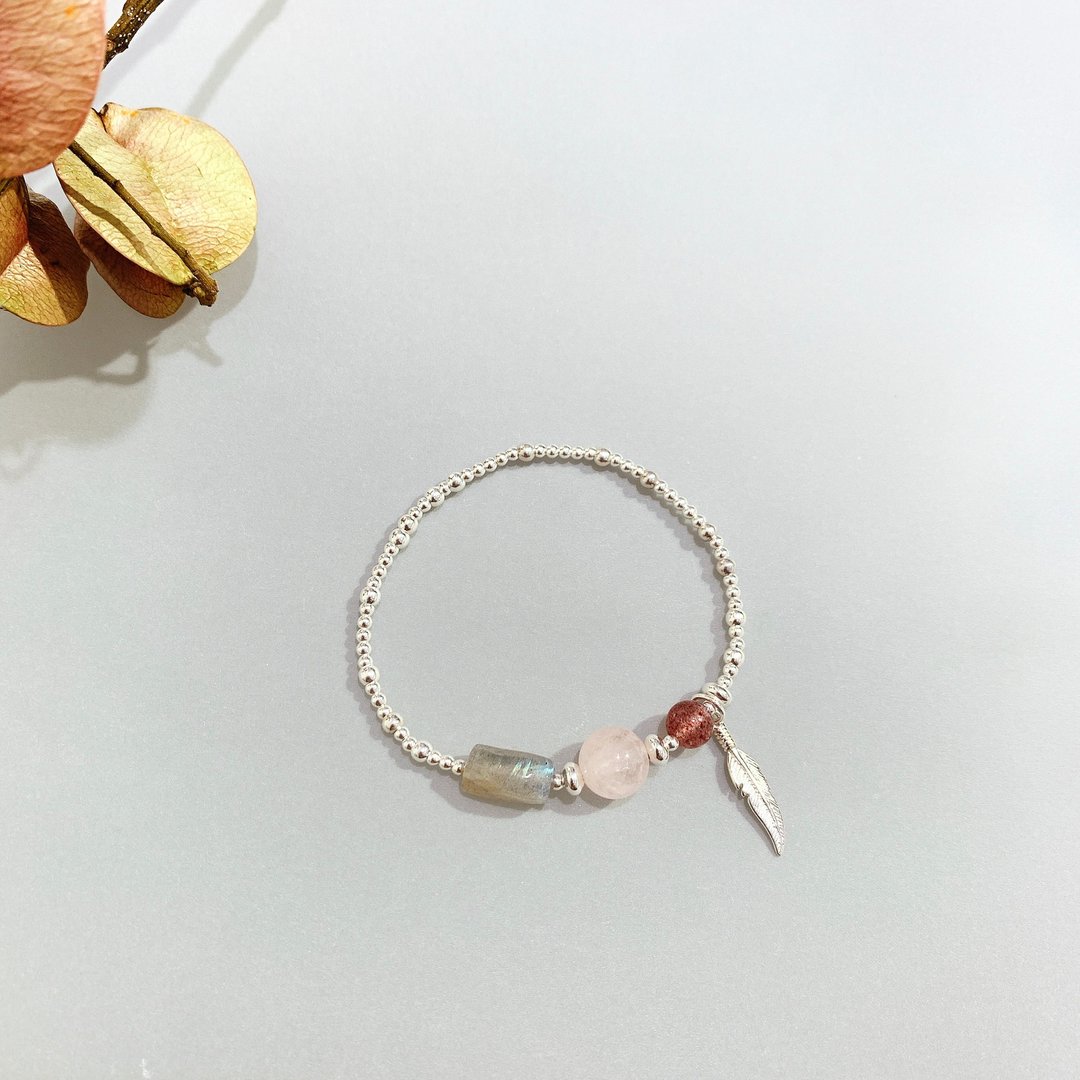 Ops Labradorite bracelet-摩根石/草莓晶/拉长石/恋爱/灵魂伴侣/桃花/纯银 - 手链/手环 - 其他金属 粉红色
