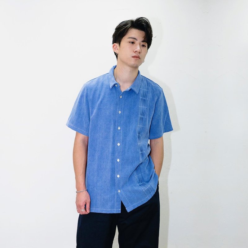 Wave pleated shirt - 男装上衣/T 恤 - 棉．麻 蓝色