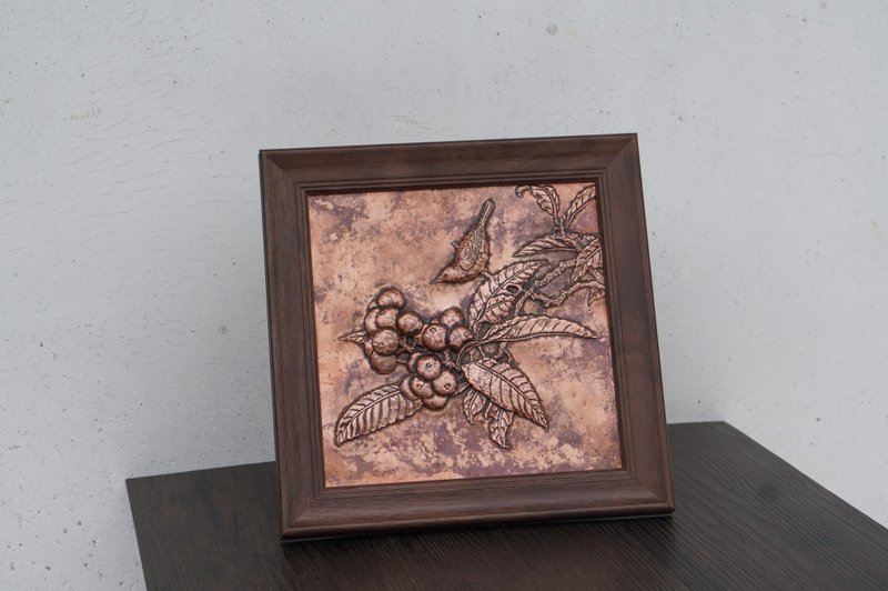 手工錾刻浮雕枇杷成熟装饰画紫铜咖啡馆复古壁画背景墙玄关小挂画 - 海报/装饰画/版画 - 铜/黄铜 