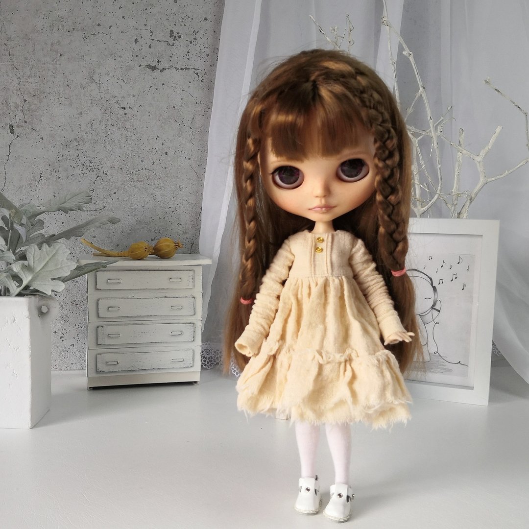 Beige dress for Blythe doll , Clothes Blythe doll, Outfit Blythe doll - 玩偶/公仔 - 棉 