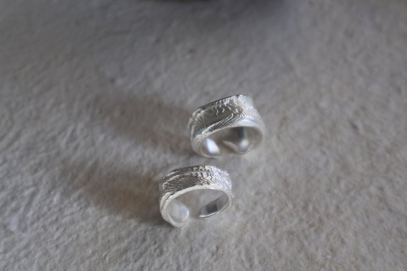 墨鱼骨铸造 原创手工925银天然山影肌理纯银孤品开口戒指 - 戒指 - 纯银 银色