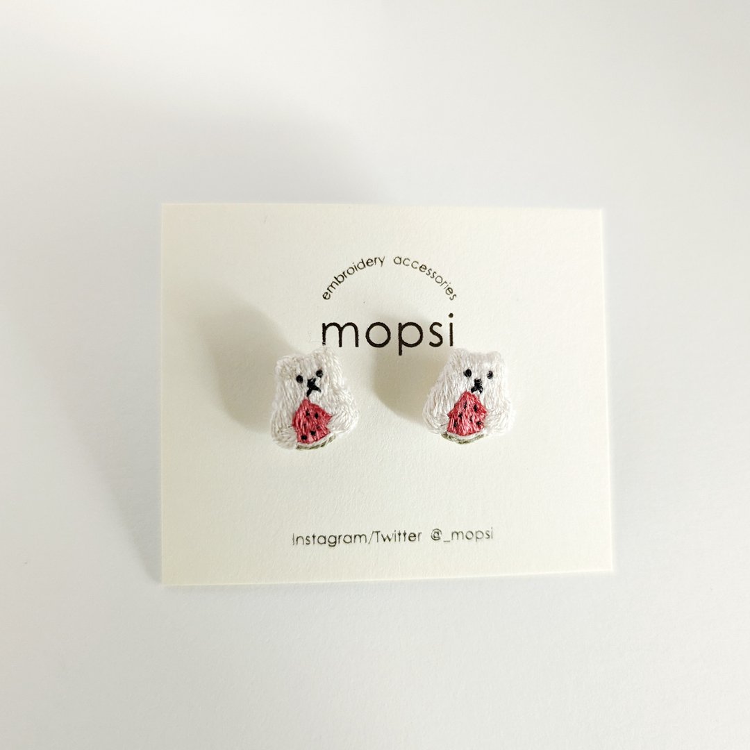 Watermelon and polar bear embroidery earrings / Clip-On - 耳环/耳夹 - 绣线 白色