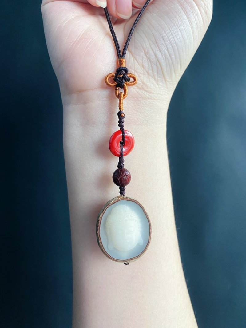 原皮 白玉菩提 雕刻 观音菩萨 平安扣 保平安 手机挂 包挂 - 挂绳/吊绳 - 木头 白色