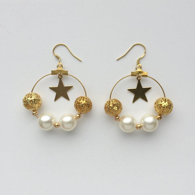 ❤️维纳斯女神！秋冬限量！❤️黄铜星星珍珠耳圈【可改夹式！】 - 耳环/耳夹 - 其他金属 金色
