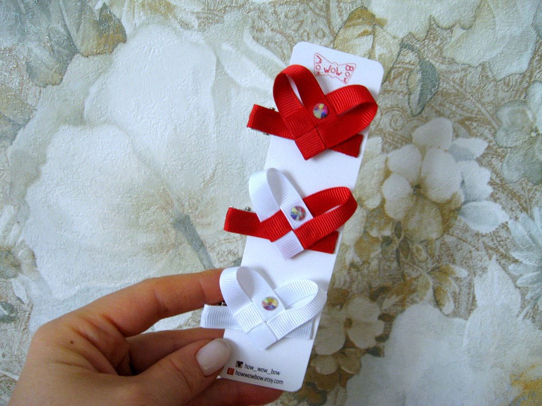 Red, pink, white hearts hair clips, Set of 3 pcs, Valentine's Day gift, Love - 衣/帽 - 聚酯纤维 多色