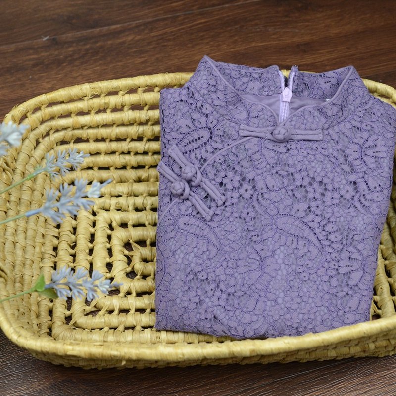 儿童旗袍 古风 四季款 蕾丝素色-紫色 - 旗袍 - 棉．麻 