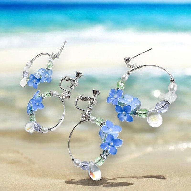 绣球花浸耳夹耳针成人可爱初夏浸花新品 - 耳环/耳夹 - 其他金属 蓝色