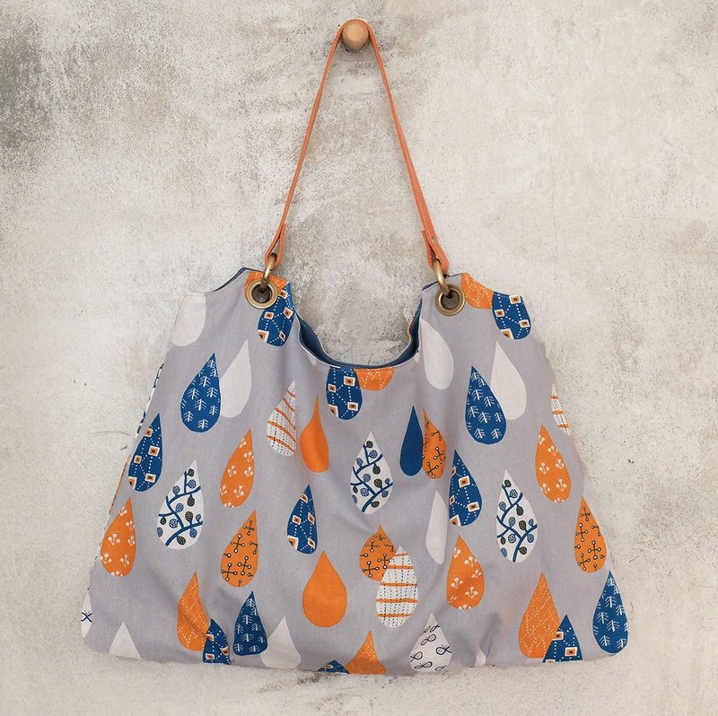 糖果雨　梯形抓褶空气感包包　日本棉麻布　牛皮提把　灰+橘+蓝 - 侧背包/斜挎包 - 其他材质 灰色