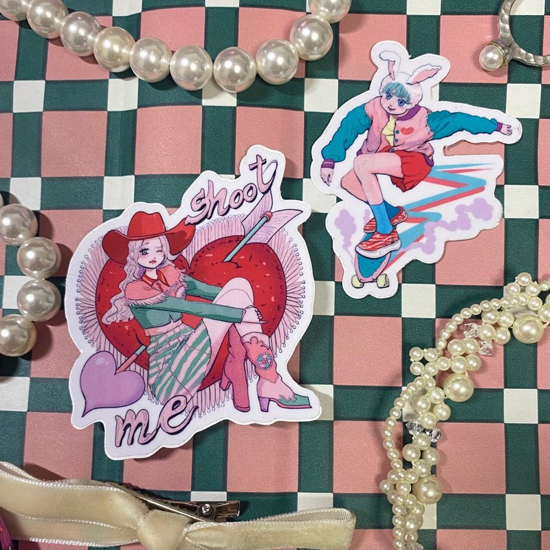 2张女孩贴纸 美式流行七彩粉色贴纸女孩插画少女兔心独特 - 贴纸 - 纸 粉红色