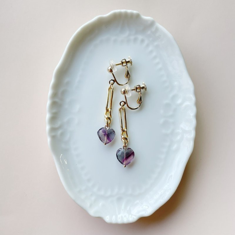 Fluorite petit heart earrings/ Clip-On - 耳环/耳夹 - 半宝石 紫色
