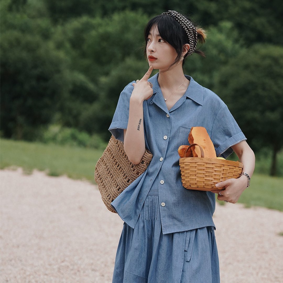 牛仔蓝翻领衬衫|衬衫|夏款|Sora-985 - 女装衬衫 - 棉 蓝色