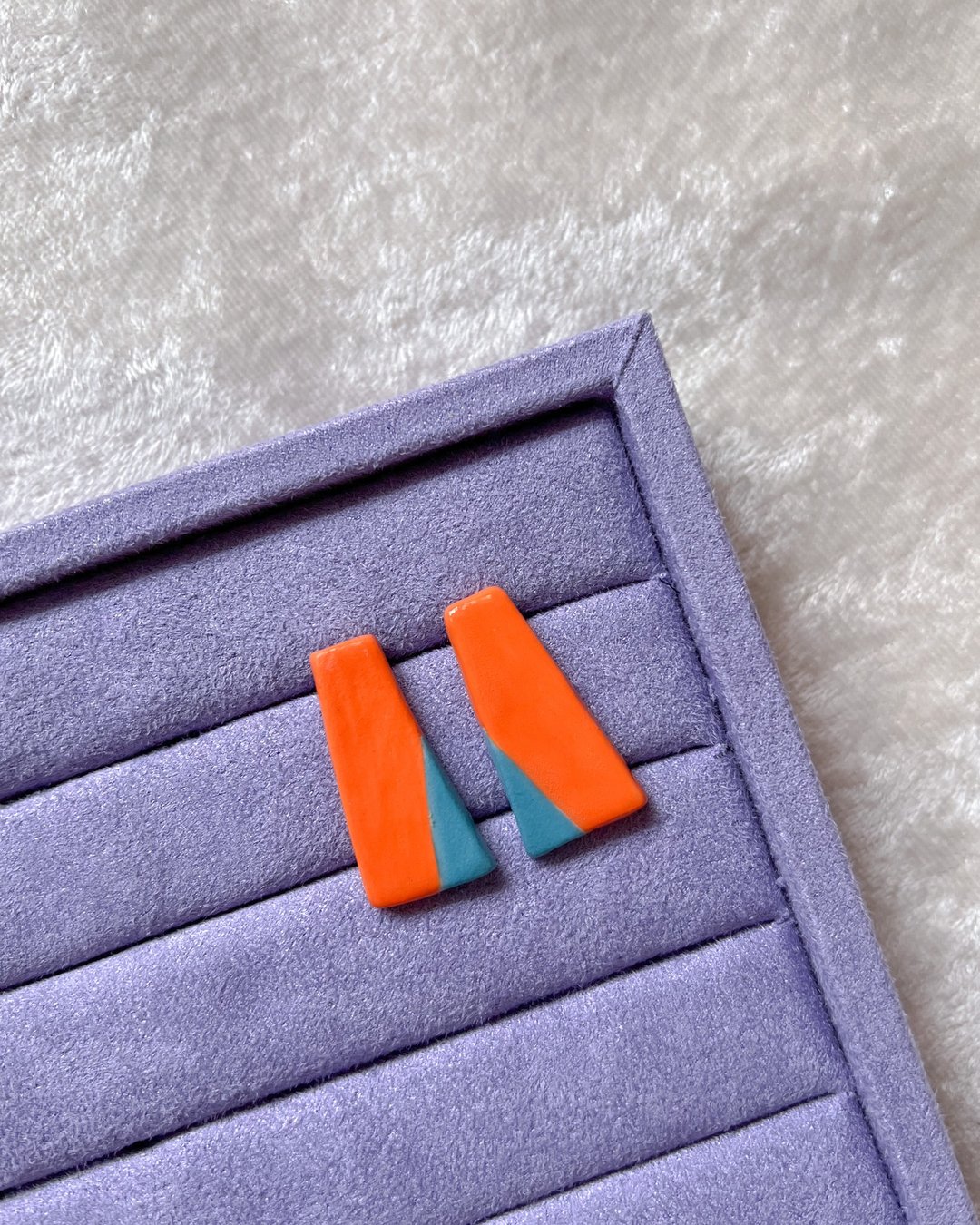 陶瓷 耳环 撞色几何陶瓷耳环 橘x蓝 夹式 Ceramic Accessory - 耳环/耳夹 - 陶 橘色