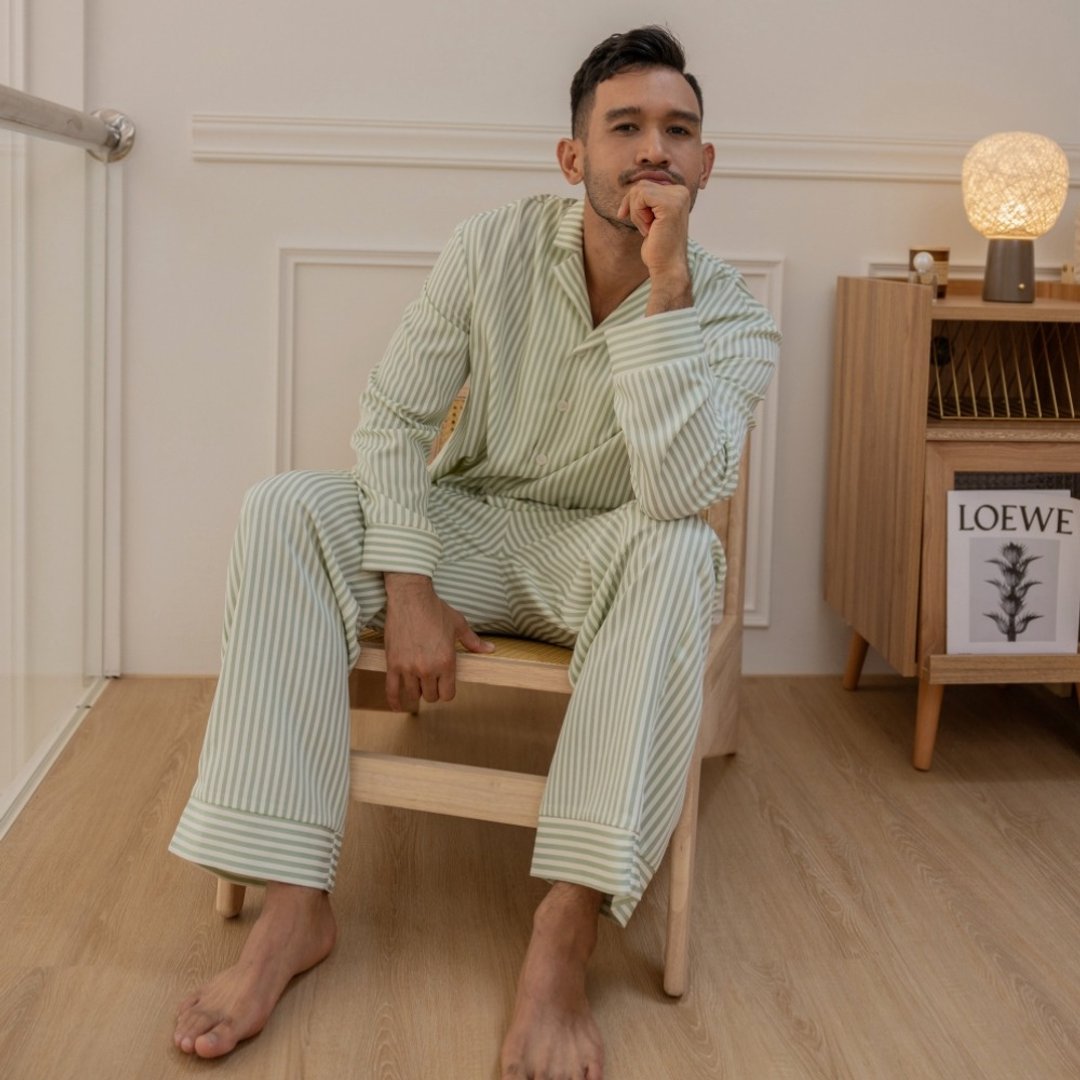 亲肤柔软感条纹长袖套装-若叶绿条纹男 独家送电绣服务 - 居家服/睡衣 - 其他材质 绿色