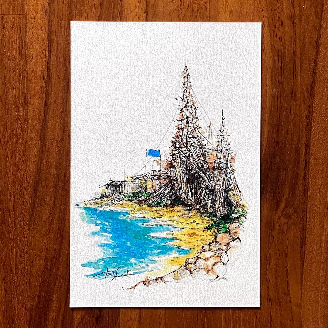 枯枝笔速写 台南景点 渔光岛日落塔 水彩 插画 手绘明信片 - 卡片/明信片 - 纸 