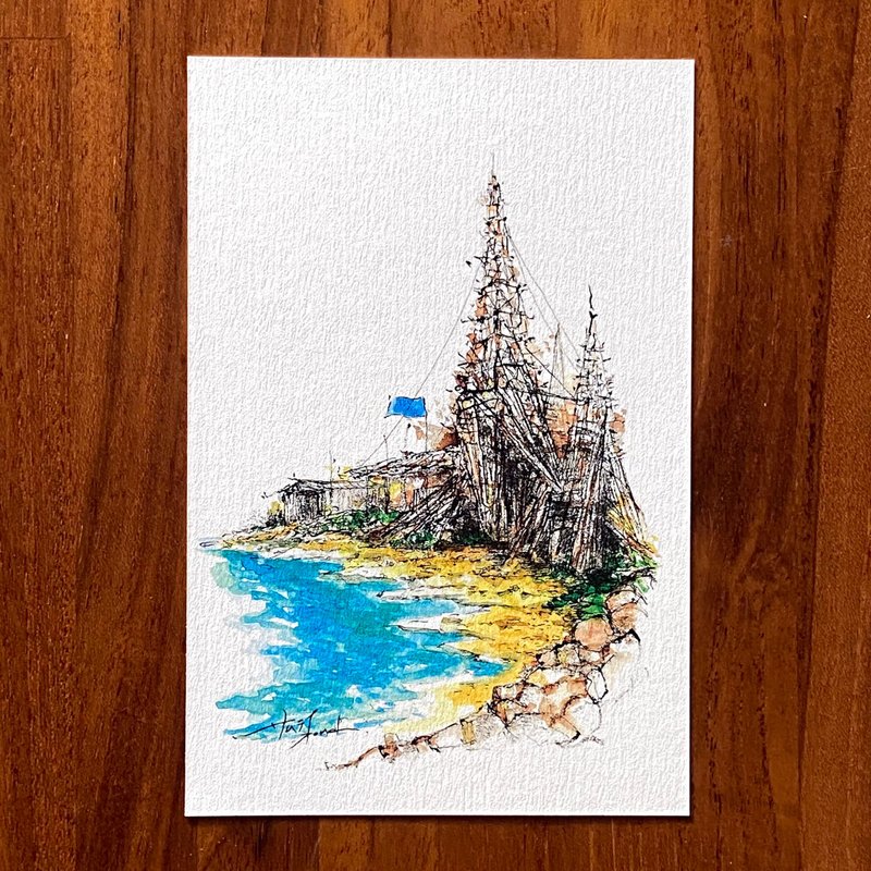 枯枝笔速写 台南景点 渔光岛日落塔 水彩 插画 手绘明信片 - 卡片/明信片 - 纸 